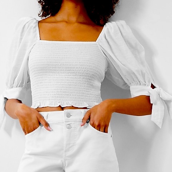 Express Tops - Express puff sleeve bow tie white stretch cropped viscose  top